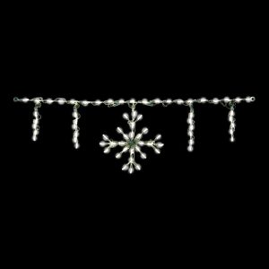 The 48"W Light Link Ice Flurry - Pure White features hanging icicles and a central glowing snowflake illuminated across a 48" wide span against a black background.