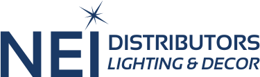 Logo for NEI Distributors Lighting & Decor, perfect for your WordPress header, featuring a stylized starburst above the I in NEI and clean, modern blue text on a white background.