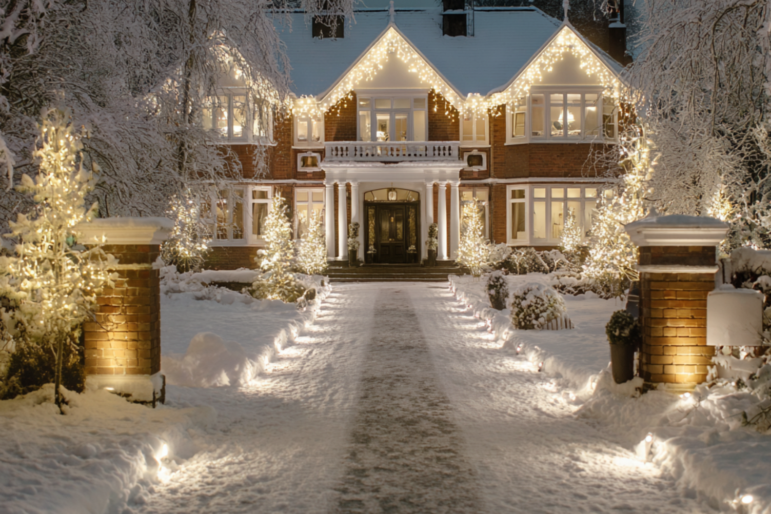 Large brick house white holiday lights snow covered trees bushes festive winter scene NEI Distributors North Reading MA.