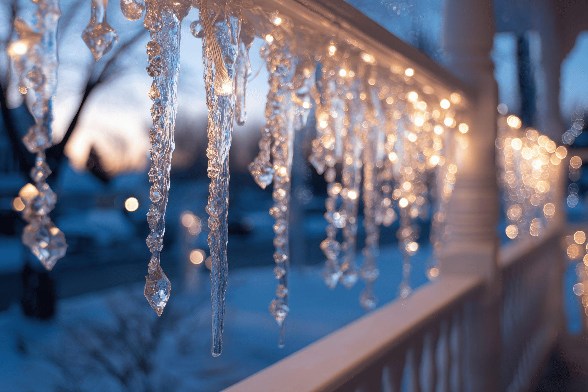 Weatherproof LED porch lighting warm glow icicles snow scene medium size NEI Distributors North Reading MA.