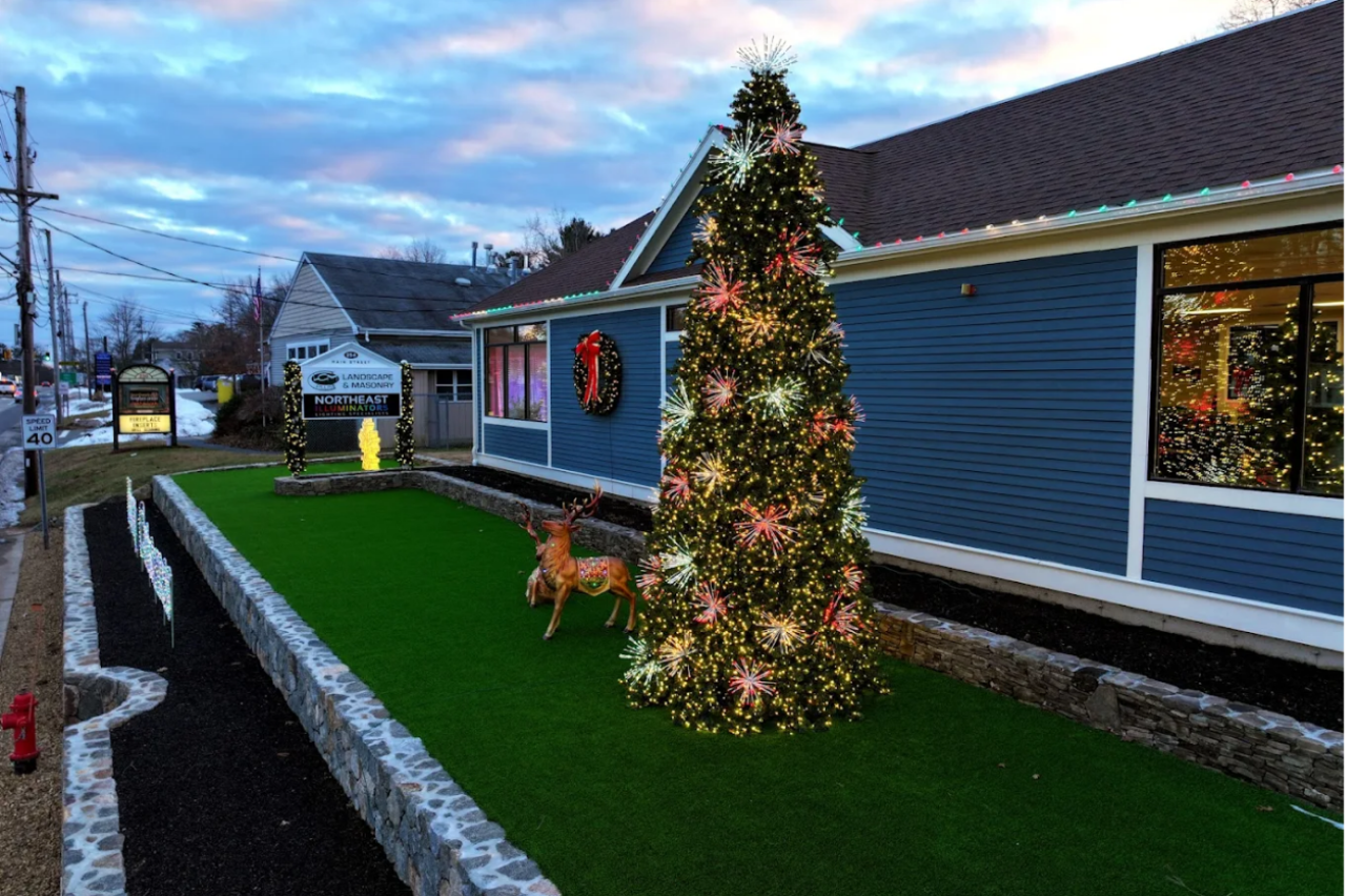 Christmas Tree tall decorated with lights blue building reindeer festive wreath NEI Distributors North Reading MA.