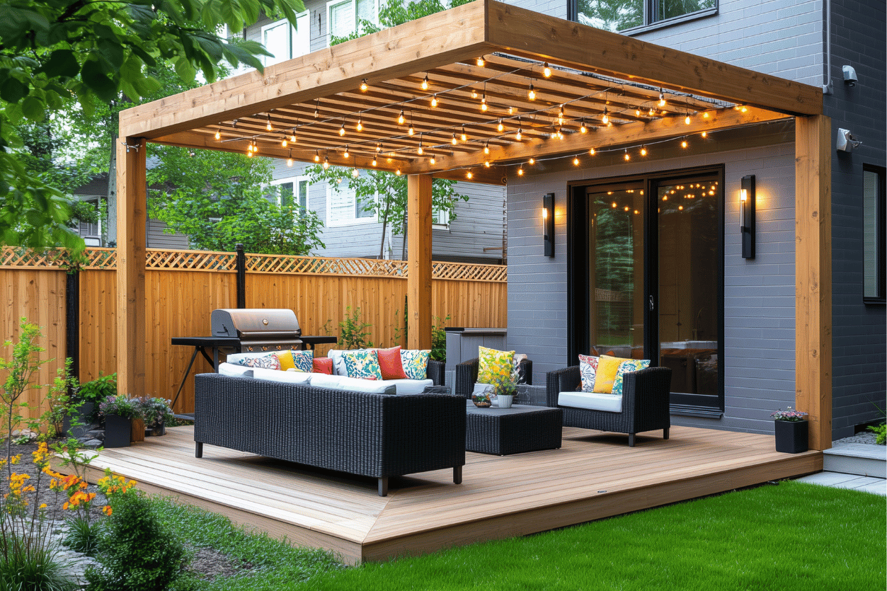 Backyard patio set black wicker colorful cushions fire pit grill wood pergola NEI Distributors North Reading MA.