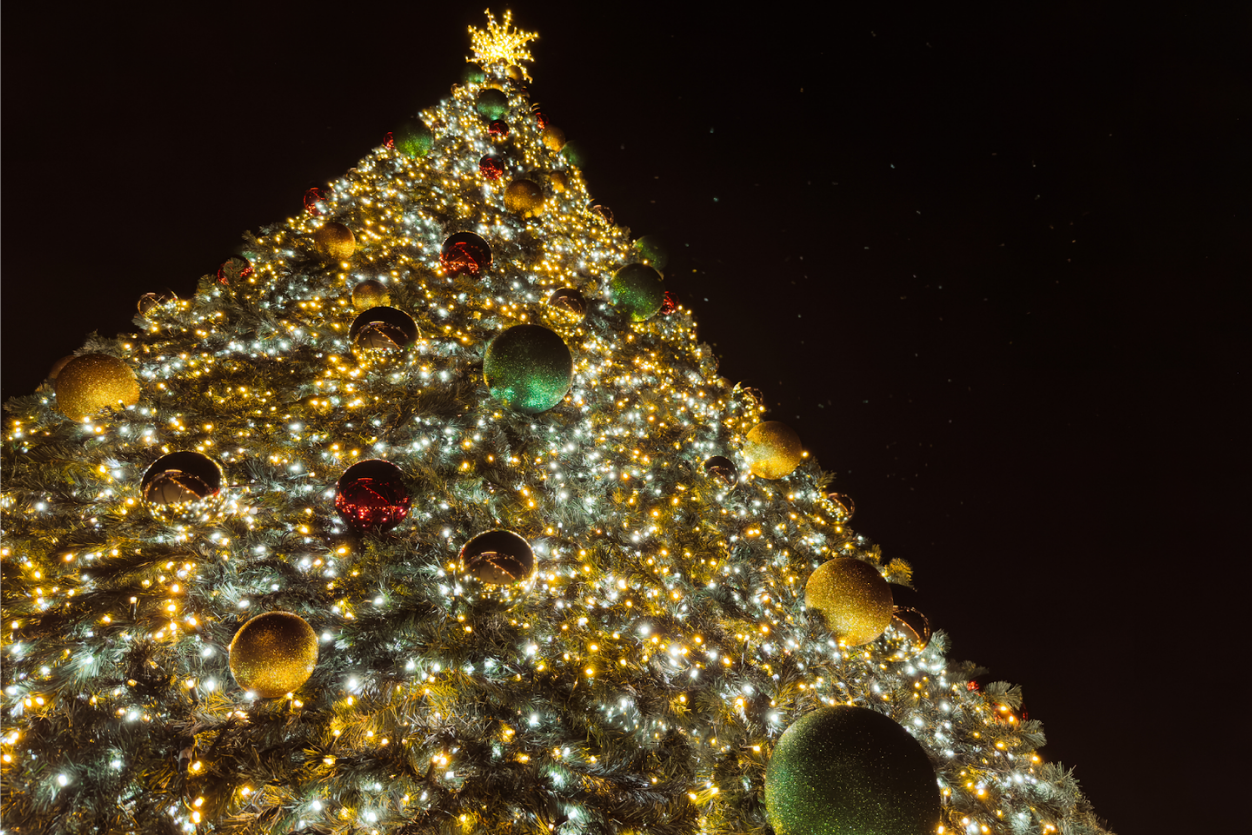Commercial Christmas tower tree large white yellow lights vibrant ornaments NEI Distributors North Reading MA.