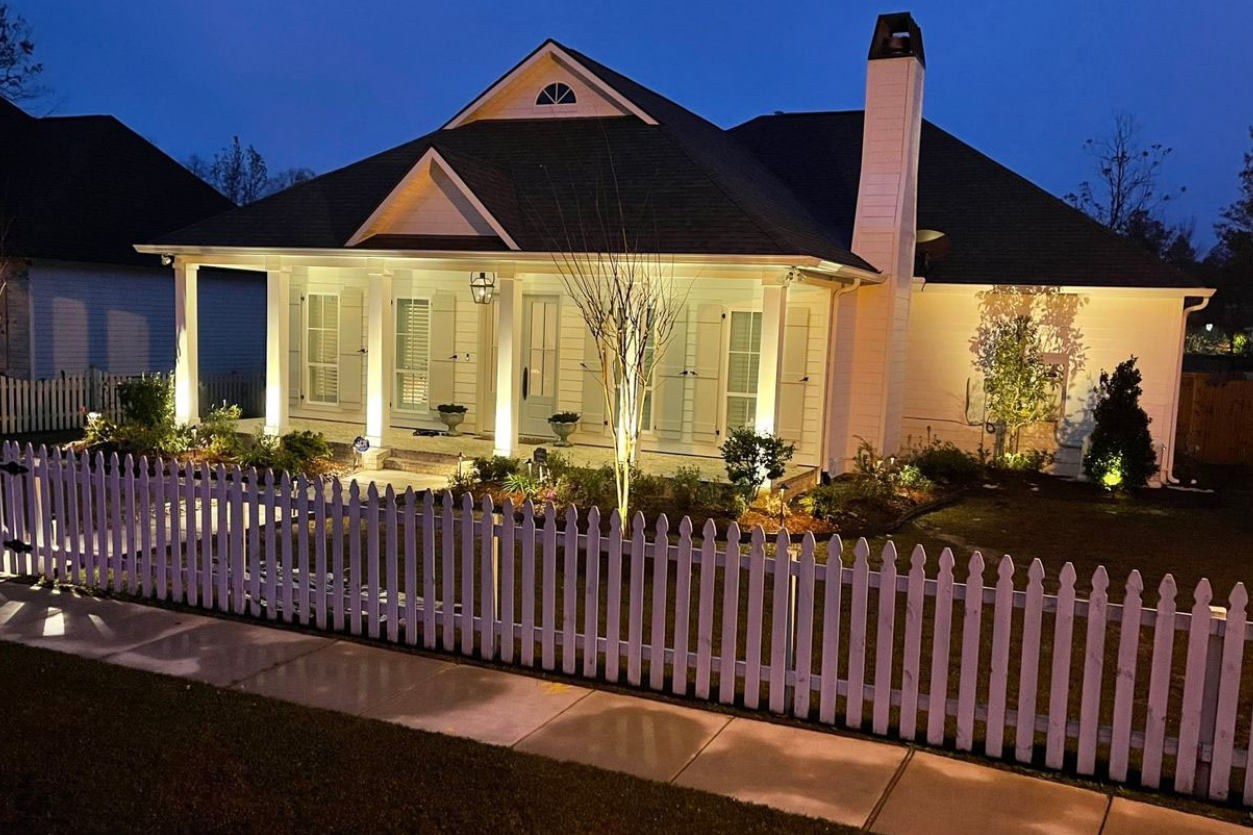 Landscape lighting white house front porch yard fence trees shrubs NEI Distributors North Reading MA.
