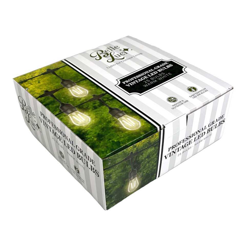 S14 Bulbs Double Filament Warm White E26 Vintage Smooth striped package NEI Distributors North Reading MA.