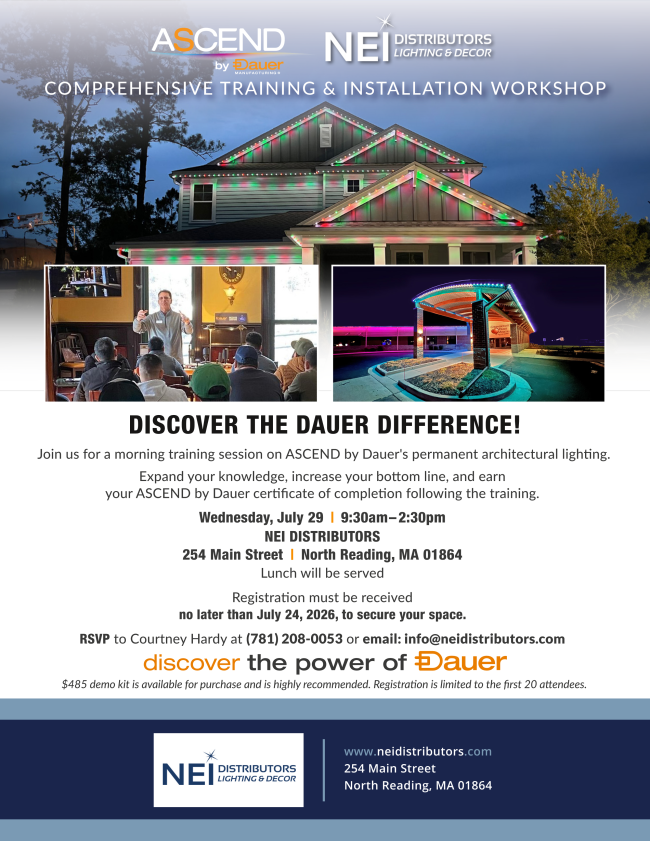 NEI Distributors training workshop flyer bright house details logos Dauer Difference North Reading MA.